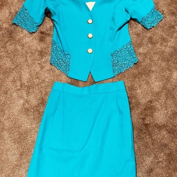 VINTAGE SL Fashions 2-piece skirt suit SET teal turquoise lace blazer 70s 80s - Picture 14 of 16